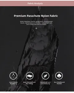 Detail van waterdichte nylon stof met waterdruppels op een lichtgewicht zwarte rugzak