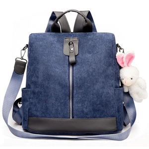 Fashion Women Corduroy Backpack Large Capacity Anti-Theft School Bag With Plush Rabbit Charm Multi-Functional Travel Shoulder Bag Handbag