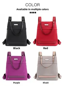 Waterproof nylon backpack shown in black, red, purple, and khaki color options