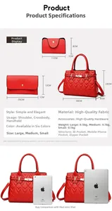 Three-piece red quilted handbag set showing dimensions and various bag sizes