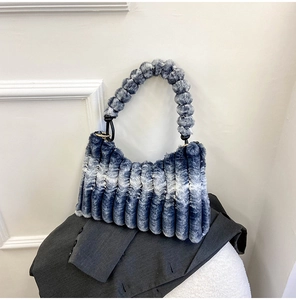 Detail of blue and white gradient faux fur bag texture on a grey suit blazer