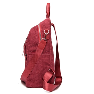 Burgundy corduroy backpack set for women with side pockets and silver metal zippers