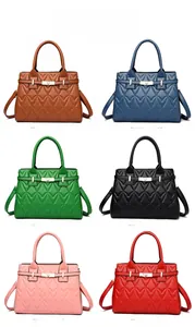 Detailed color selection showing quilted leather handbags in six elegant fashion shades