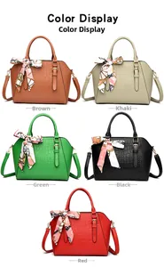 Color display of embossed crossbody bags with silk scarf handles in five various shades