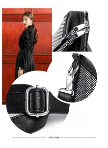 Détails des strass scintillants et fermetures éclair sur le sac à bandoulière noir