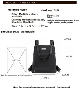 Size chart showing nylon backpack dimensions 32x27x9.5cm and weight 0.33kg