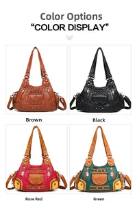 Detailed view of four colorful multi-pocket washed leather tote bags in a grid display
