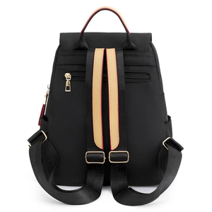 Waterproof black oxford fabric backpack with beige straps and gold metal zipper details