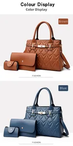 Three-piece quilted tote set with envelope clutch and coin purse in brown and blue