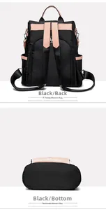 Détail du sac à dos en nylon noir et rose montrant les bretelles et la base du sac