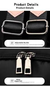 Détails des boucles métalliques et de la double fermeture éclair sur nylon noir
