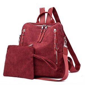Burgundy corduroy backpack set with large capacity and matching pouch for women