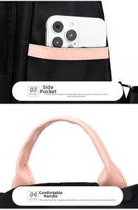 Détail d'un sac à dos en nylon avec poche latérale pour téléphone et poignée en cuir renforcé