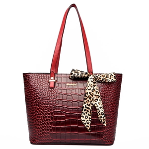 Large capacity burgundy crocodile pattern tote bag with leopard scarf and top handles