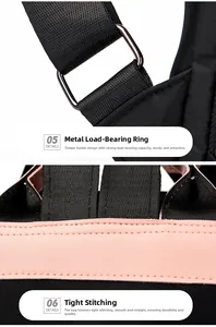Détail macro de l'anneau en D renforcé et des coutures de précision sur le sac en nylon