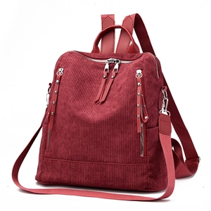 Women burgundy corduroy backpack set with large capacity and stylish double zipper design