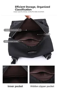 Internal structure of Oxford cloth backpack with multiple pockets and lining detail
