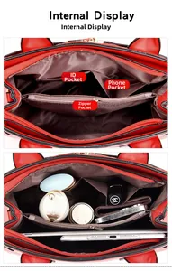 Detail view of red quilted bag interior with multiple compartments and brown lining