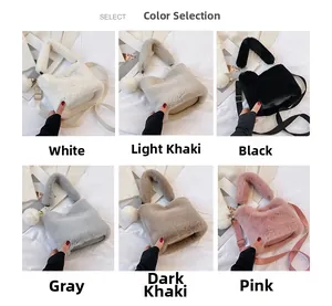Collage of plush bucket bags in six colors with soft fur texture and pompom charms