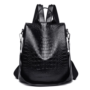 Anti-theft black PU leather backpack with crocodile pattern and adjustable straps