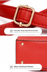 Detail of red embossed leather bag featuring gold hardware and protective base studs
