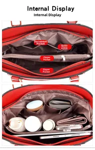 Internal display of red tote bag showing zippered pockets and spacious compartments