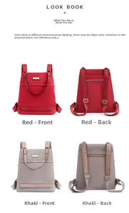 Front and back detail of waterproof nylon backpacks in red and khaki colors