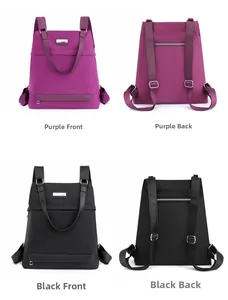 Detailed front and back views of purple and black nylon backpacks with multi-pockets