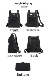 Multi-angle views of black waterproof oxford backpack with anti-theft back zipper pocket