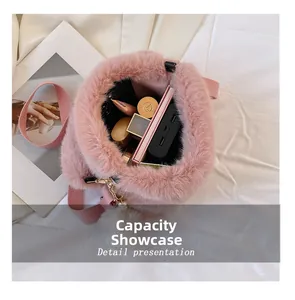 Capacity display of pink plush bucket bag showing power bank and cosmetics storage