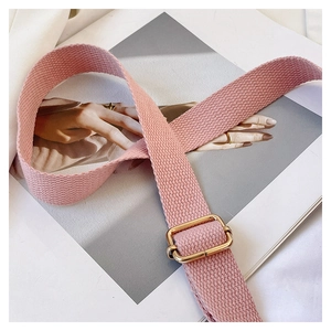 Detailed shot of pink nylon woven shoulder strap with gold metal adjustable buckle