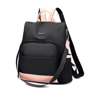 Sac à dos femme en nylon noir avec détails en cuir rose et grande capacité pour l'extérieur