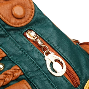 Vintage green and brown faux leather tote bag with gold hardware and woven trim detail