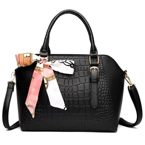Black embossed crocodile texture handbag with decorative silk scarf and gold hardware
