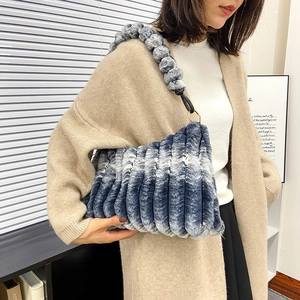 Blue and white gradient faux fur shoulder bag with pleated texture and soft furry strap