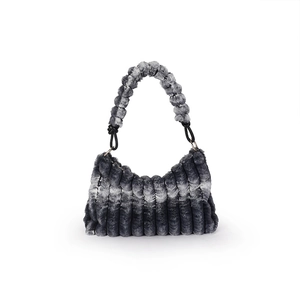 Faux fur handbag for women with gradient grey color and pleated texture design