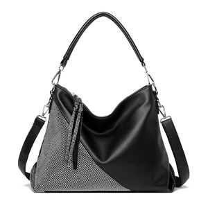 Grand Sac à Épaule en Cuir PU pour Femmes Sac à Main Patchwork de Strass Avec Fermeture Éclair à Gland Sac Hobo Décontracté