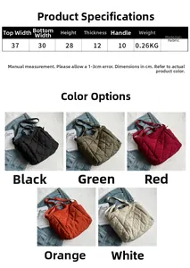 Detailed size chart and multi-color options for the large quilted down cotton tote bag