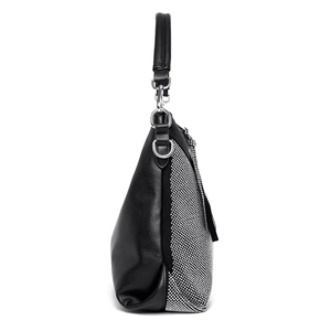 Grand sac à main noir pour femme avec strass argentés et finition en cuir texturé