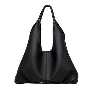Black large capacity soft leather hobo bag with lychee grain texture and single handle