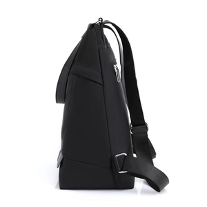 Minimalist black Oxford cloth backpack with side view and adjustable straps for women