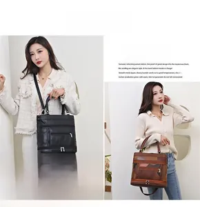 Detail view of large PU leather bags with multi-zipper pockets in black and tan brown