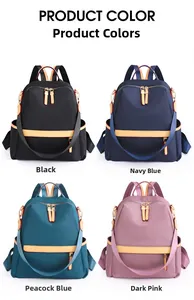 Multiple color options for casual nylon backpack: black, navy blue, peacock blue, and dark pink