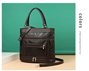 Detail of dark brown vintage faux leather handbag with leaf decorative stitching and zippers