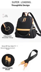 Detail of adjustable golden metal hooks and detachable straps on a black nylon backpack