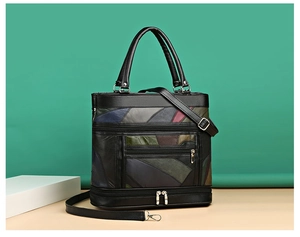 Close-up of multicolor leather patchwork texture and functional zipper pocket detail
