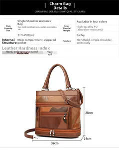 Detailed size chart and dimensions of the brown vintage soft PU leather tote bag