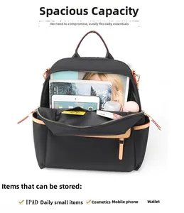Close-up of the black fabric backpack interior showing storage space for tablet and items