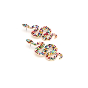 Detail of snake drop earrings featuring colorful beadwork and gold alloy frame