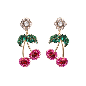 Cherry Dangle Earrings Gold Alloy Imitation Artificial Pearl Rhinestone Encrusted Fruit Shaped Fashion Jewelry Gift For Women